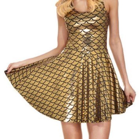 HALLOWEEN COSPLAY FUN Gold Metallic Mermaid Dragon Scale A line Flirty Dress NWT - Picture 1 of 8